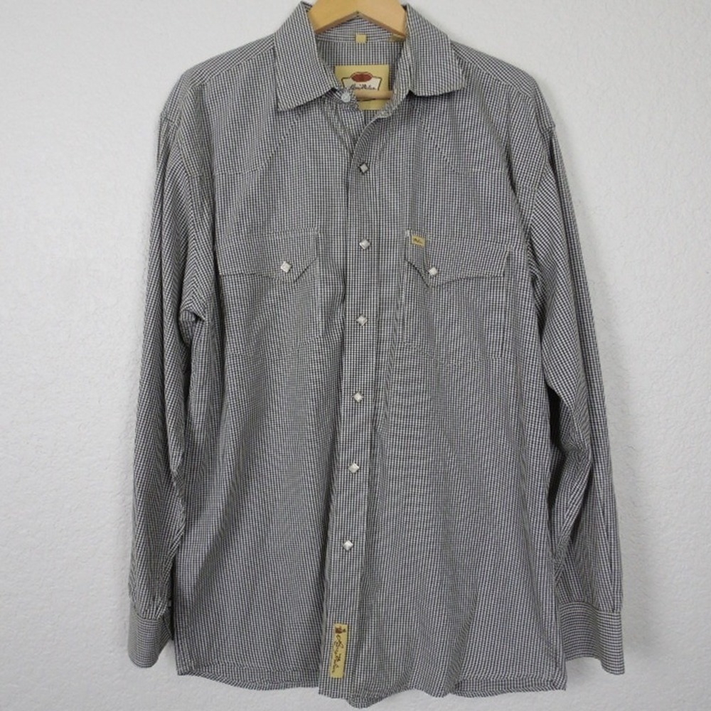 Larry Mahan Men's Western Snap Button Shirt SZ Large Black White Gingham Cowboy‎